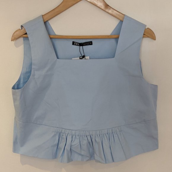 Zara Tops - Zara Light Blue Square Neckline  Ruffle Hem Crop Tank Top NWT Medium